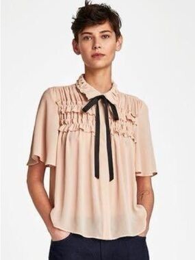 Zara Blush Ruffle Tie-Neck Blouse with Black Bow